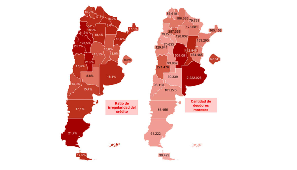Ratio de irregularidad del crédito en familias (bancos + billeteras virtuales) y cantidad de deudores morosos por provincia en julio. (Cepa en base a la Cendeud de BCRA).