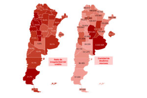 Ratio de irregularidad del crédito en familias (bancos + billeteras virtuales) y cantidad de deudores morosos por provincia en julio. (Cepa en base a la Cendeud de BCRA).