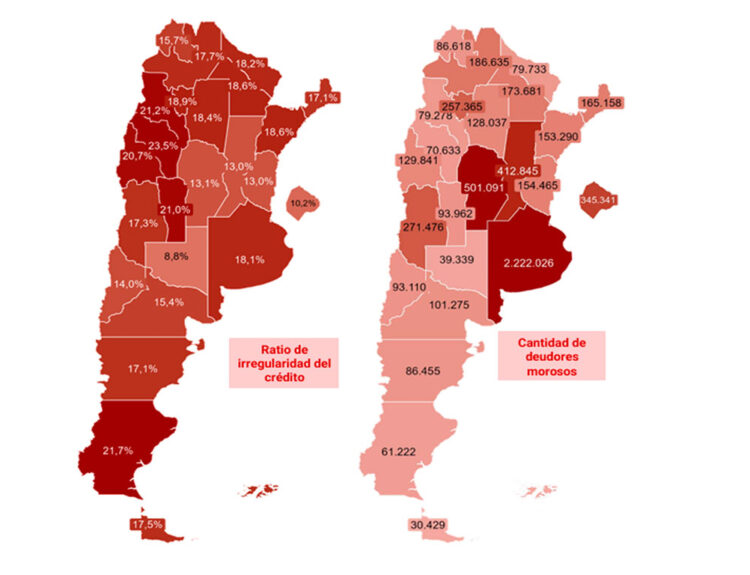 Ratio de irregularidad del crédito en familias (bancos + billeteras virtuales) y cantidad de deudores morosos por provincia en julio. (Cepa en base a la Cendeud de BCRA).